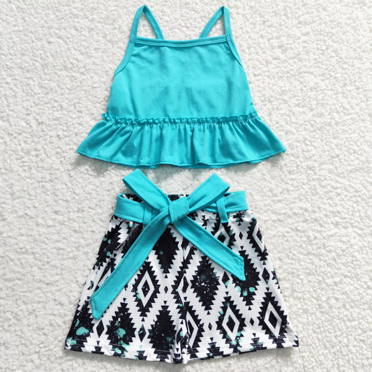 GSSO0201 Green Blue Western Bow Girls Sleeveless Shorts Outfits