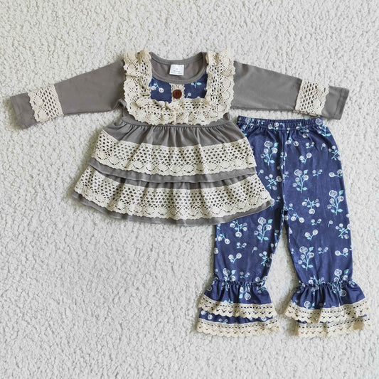 Clearance 6 A28-2 Grey Lace Blue Floral Print Ruffles Tunic Girls Long Sleeve Pants Outfits