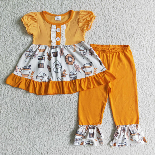 promotion RTS GSPO0123  Halloween Pumpkin Ruffles Orange Coffee Donut Tunic Girls Short Sleeve Pants Outfits