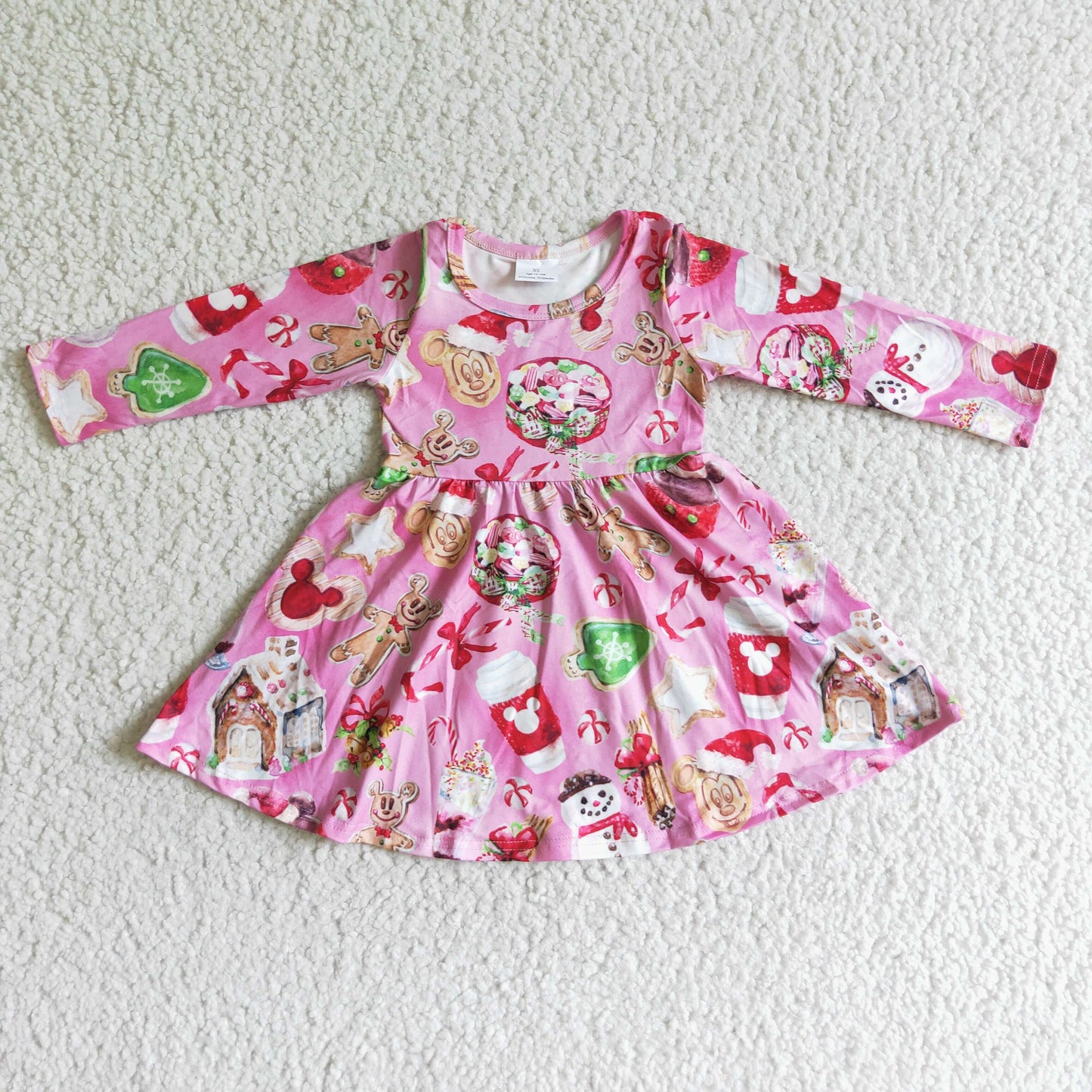 Clearance 6 B1-3 Christmas Mouse Cartoon Pink Girls Long Sleeve Dresses