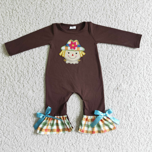 LR0035 Brown Scarecrow Plaid Embroidery Girls Long Sleeve Romper