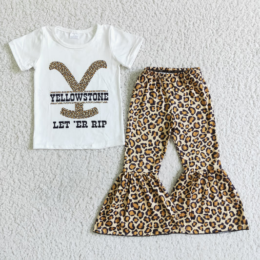 promotion RTS E7-26 Letter Yellow Leopard Print Girls Short Sleeve Bell Bottom Pants Outfits