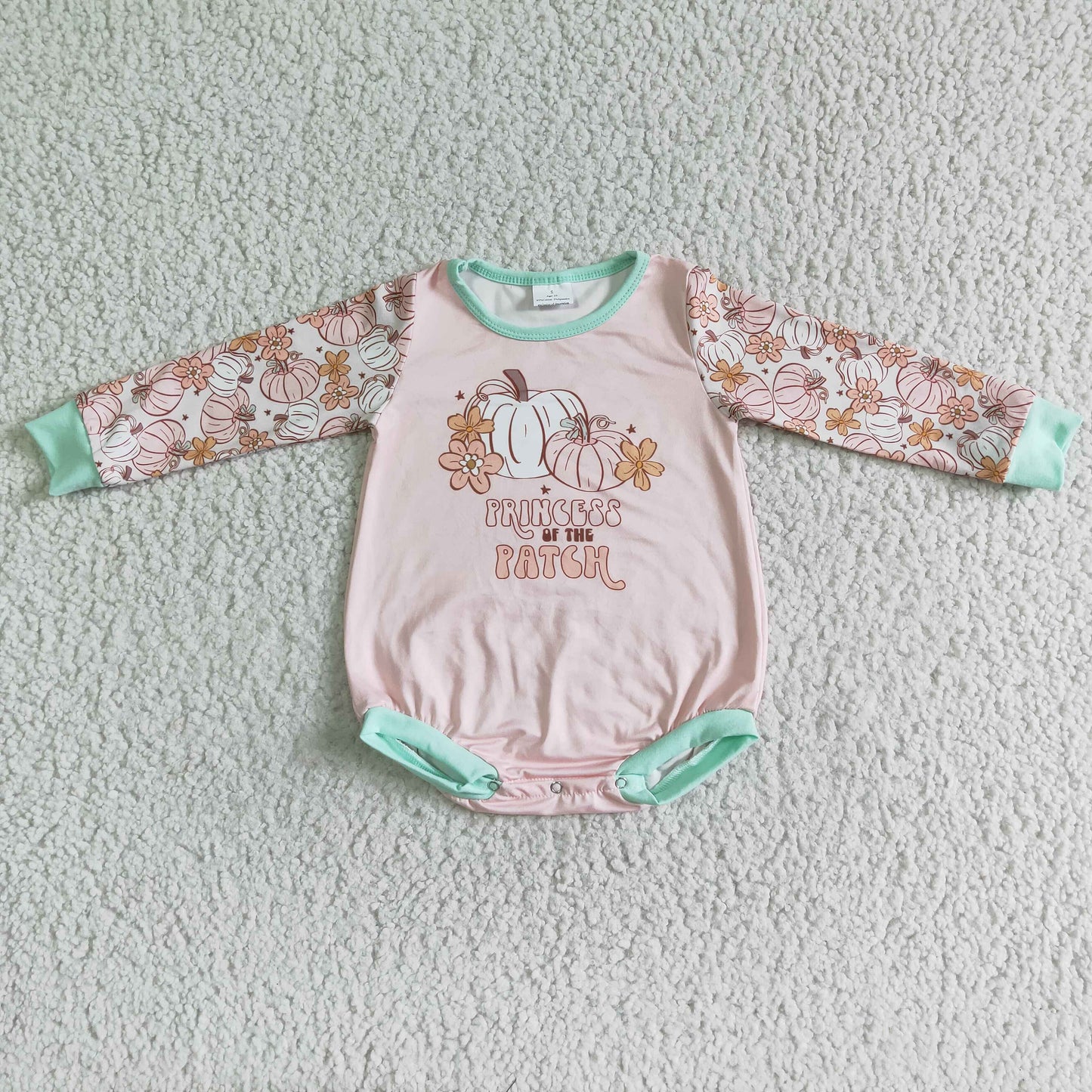 LR0092 Halloween Pink Pumpkin Princess Patch Girls Long Sleeve Romper
