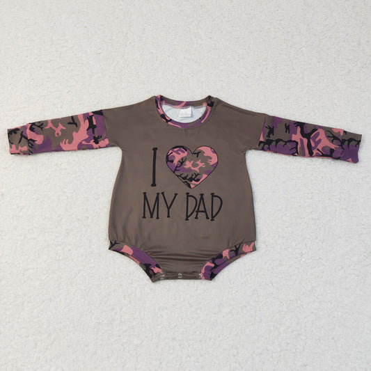 LR0237 Valentine I Love My Dad Green Camo Girls Long Sleeve Romper