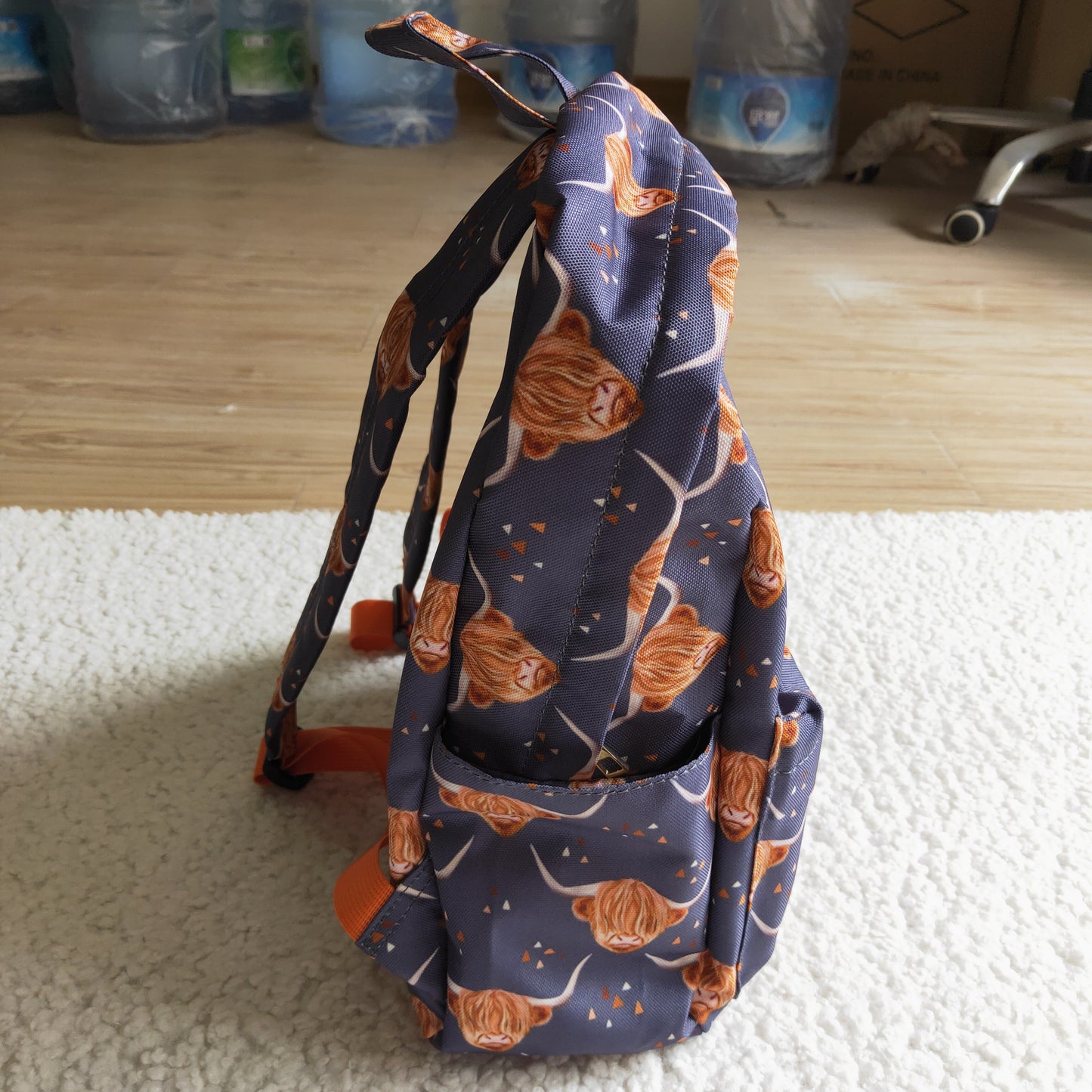 BA0020 Highland Cow Blue Brown Print Little Bag Bagpack