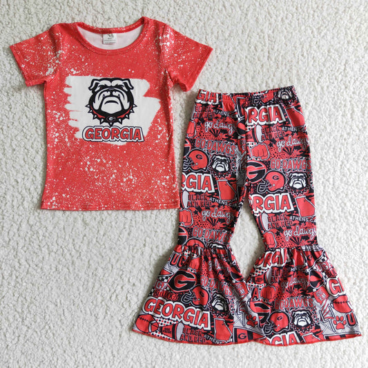 promotion RTS GSPO0188 Red Bleach Dog Football Team Girls Short Sleeve Bell Bottom Pants Outfits