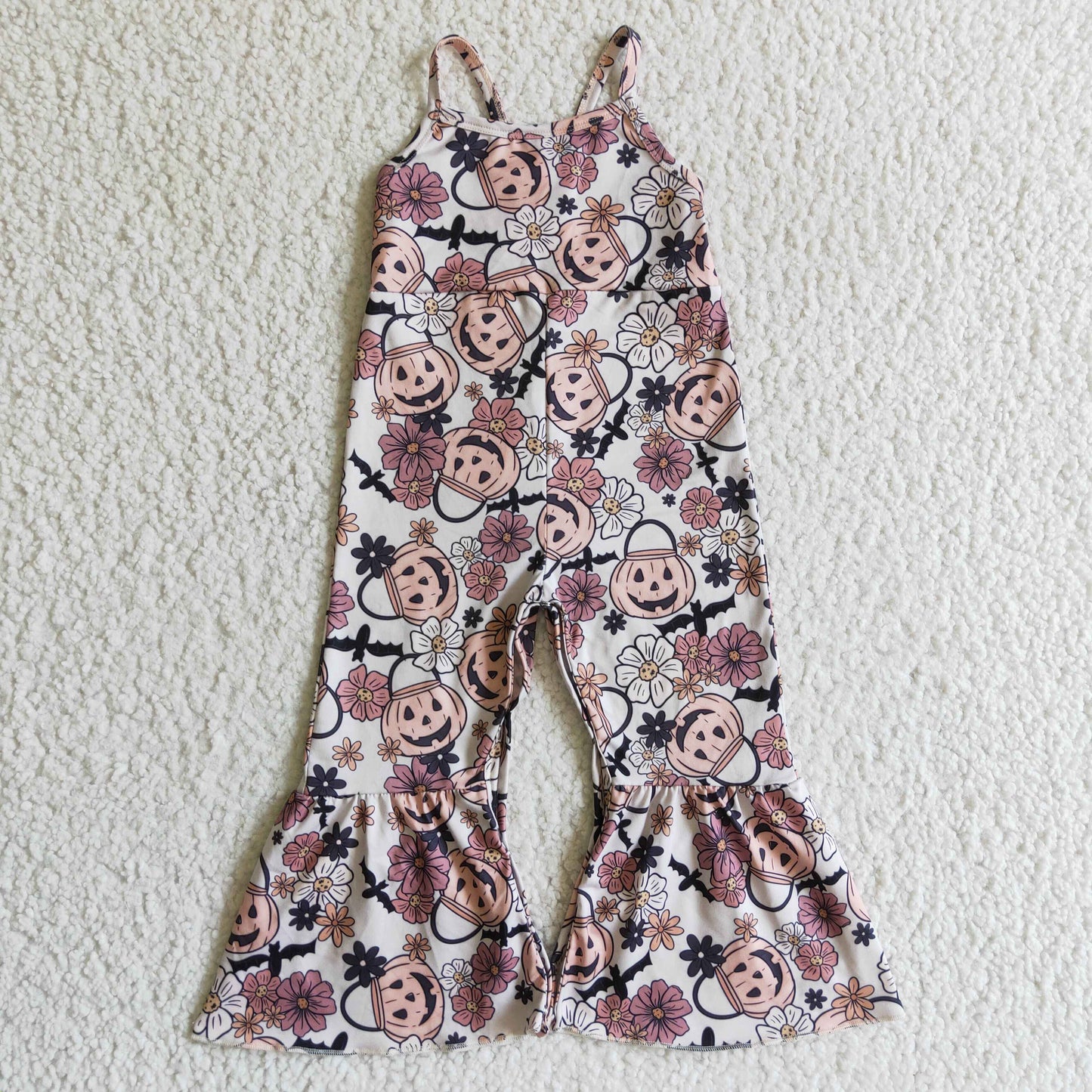 SR0095 Halloween Pumpkin Ghost Cartoon Bat Floral Pink Girls Sleeveless Jumpsuit Overall Pants