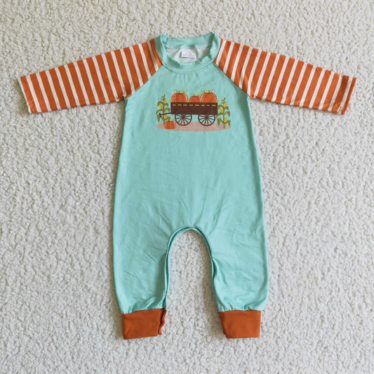 Promotion RTS LR0046 Halloween Pumpkin Blue Orange Stripes Boys Long Sleeve Romper