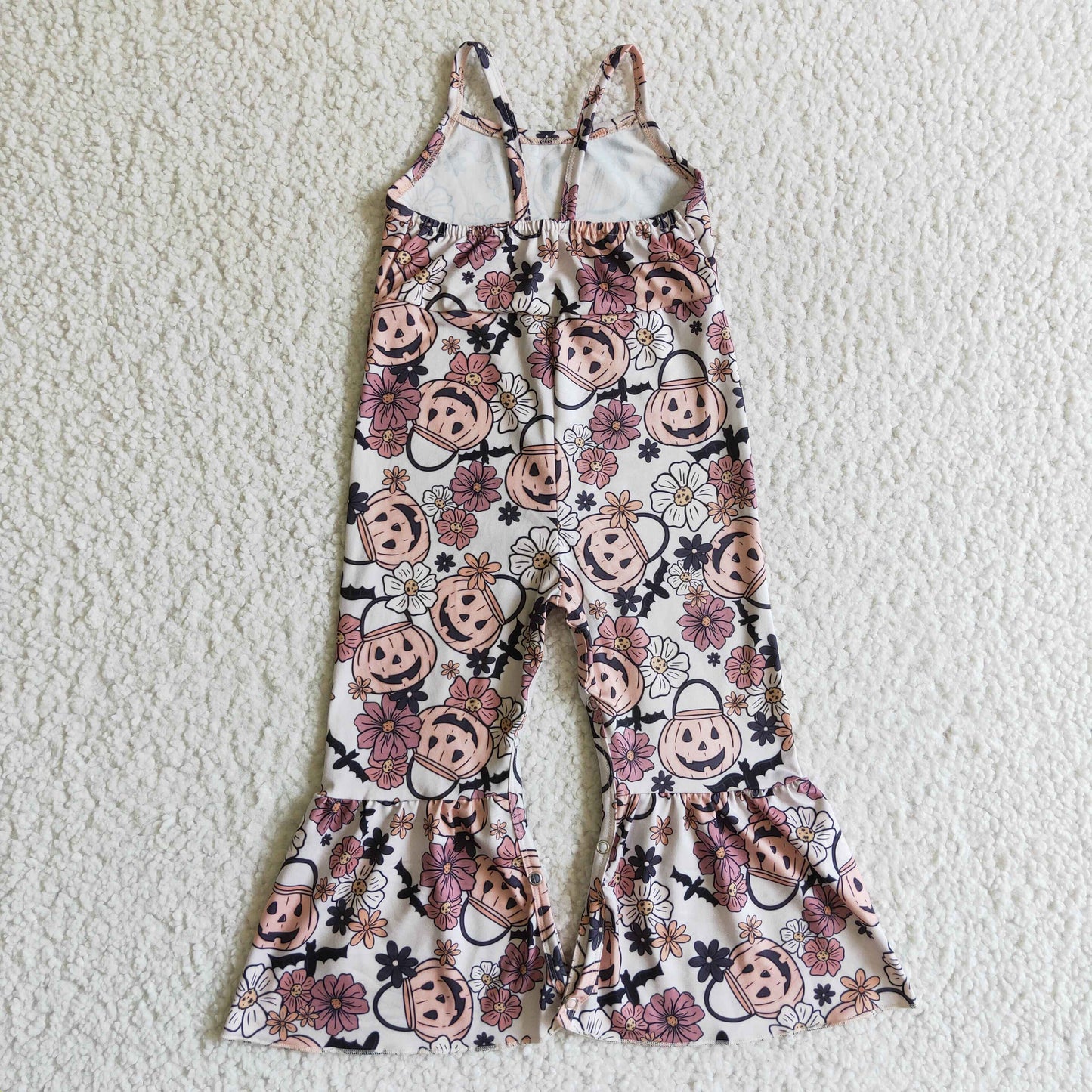 SR0095 Halloween Pumpkin Ghost Cartoon Bat Floral Pink Girls Sleeveless Jumpsuit Overall Pants