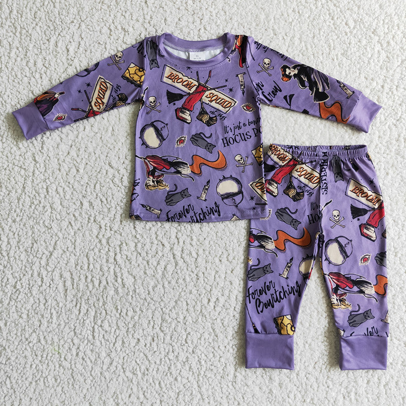 BLP0035 Halloween Purple Witch Magic Cartoon Boys Long Sleeve Pants Outfits Pajamas
