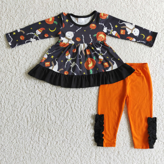promotion RTS GLP0092 Halloween Pumpkin Orange Black Ghost Cartoon Tunic Girls Long Sleeve Pants Outfits