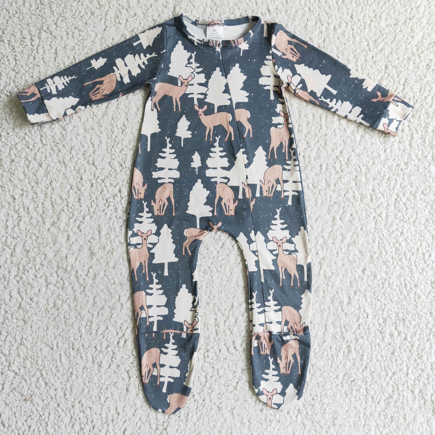 LR0222 Christmas Green Tree Deer Zipper Girls Long Sleeve Romper