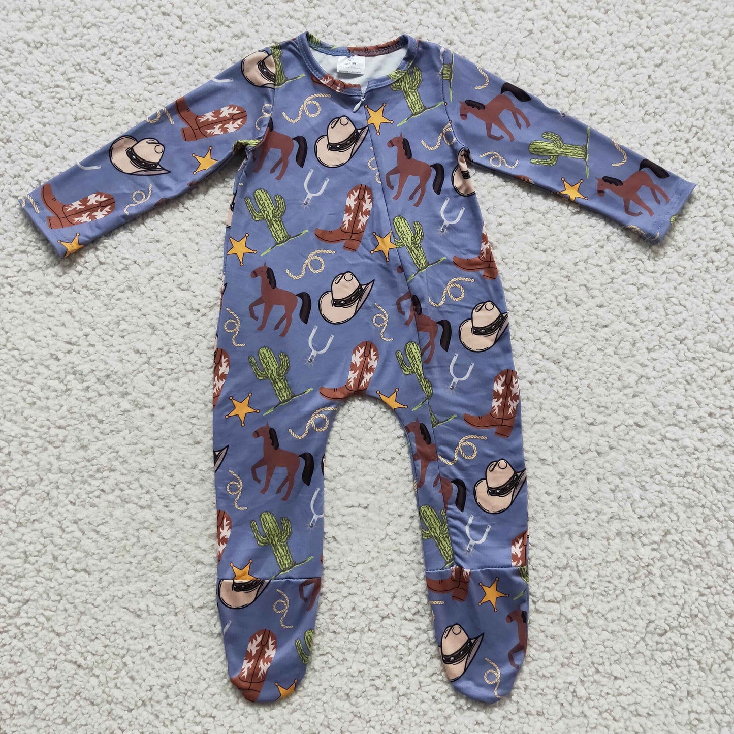 LR0230 Blue Cowboy Horses Boots Cactus Western Zipper Girls Long Sleeve Romper