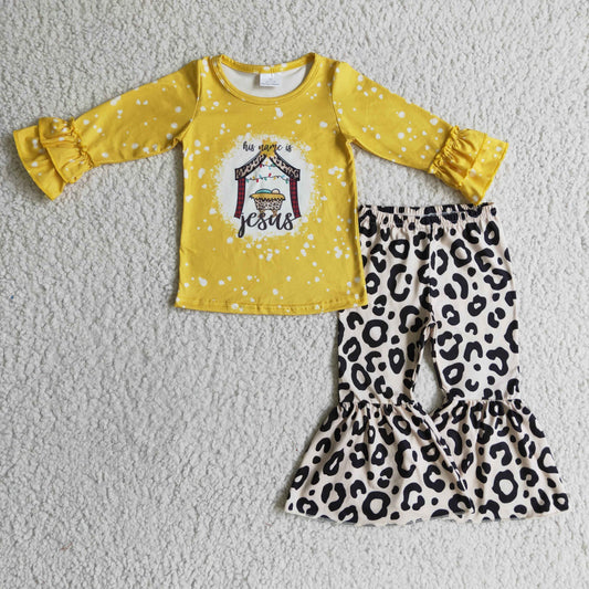 promotion RTS GLP0274 Christmas His Name Is Jesus Yellow Leopard Girls Long Sleeve Bell Bottom Pants Outfits