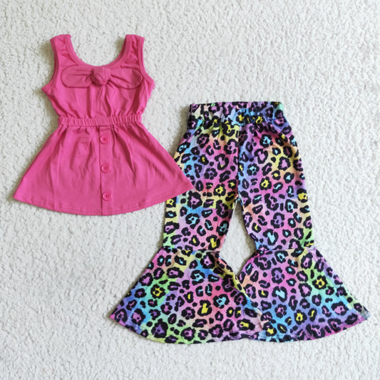 B17-21 Hot Pink Tie Dye Leopard Print Girls Short Sleeve Bell Bottom Pants Outfits