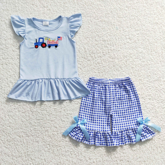 GSSO0206 4th Of July Dog Blue Farm Car Truck Embroidery Girls Short Sleeve Shorts Outfits