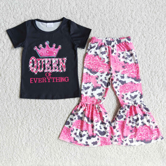 Clearance B2-13 Queen Of Everything Pink Cow Print Girls Short Sleeve Bell Bottom Pants Outfits