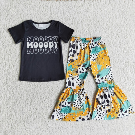 E8-3 Mooody Black Blue Yellow Leopard Girls Short Sleeve Bell Bottom Pants Outfits