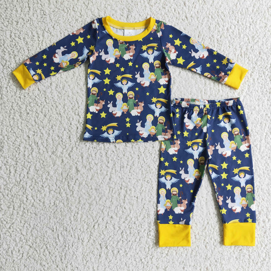 BLP0114 Christmas Blue Yellow Jesus Starts Boys Long Sleeve Pants Outfits Pajamas