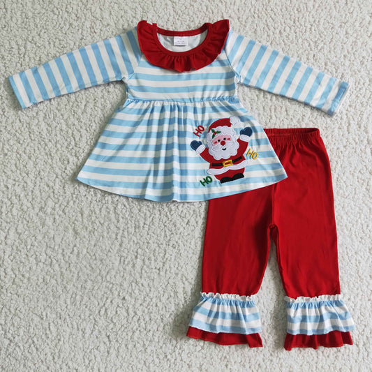 GLP0175 Christmas Santa Red Blue Stripes Embroidery Tunic Girls Long Sleeve Pants Outfits