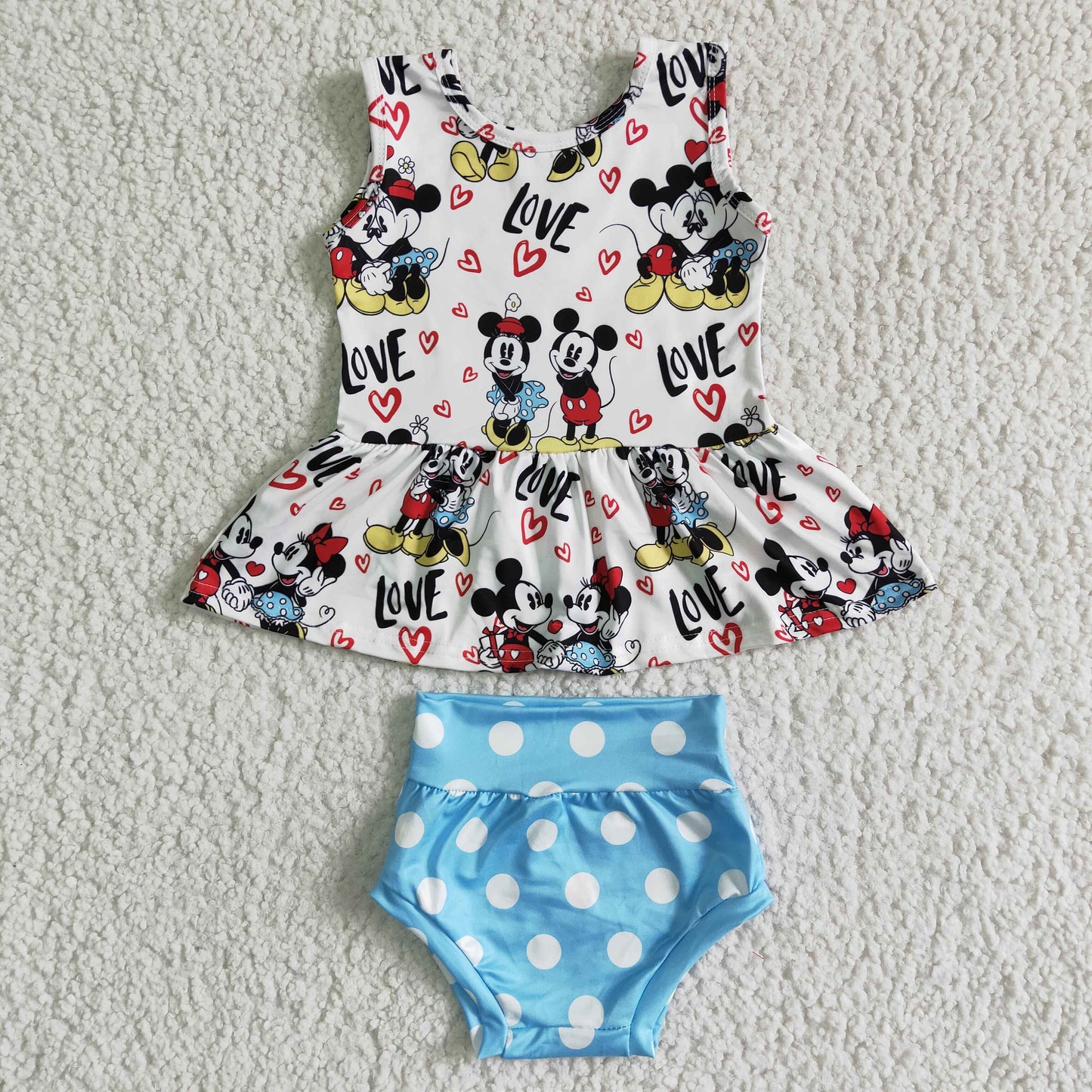 promotion RTS GBO0011 Love M Cartoon Blue Dots Girls Short Sleeve Bummies Outfits