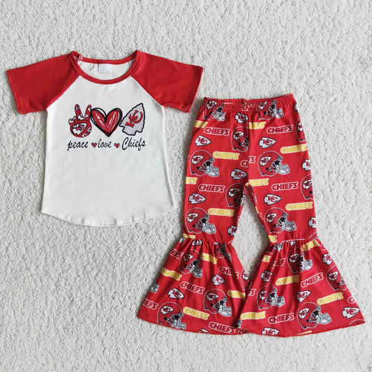 E10-12 Red Peace Love Football Team Girls Short Sleeve Bell Bottom Pants Outfits