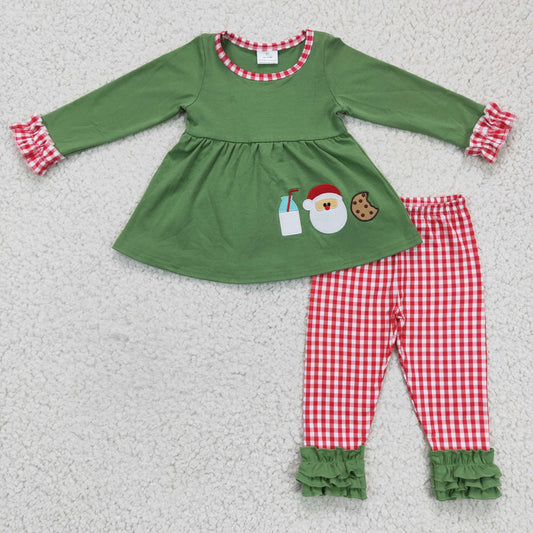 GLP0356  Christmas Milk Santa Cake Cookies Green Red Plaid Embroidery Tunic Girls Long Sleeve Pants Outfits