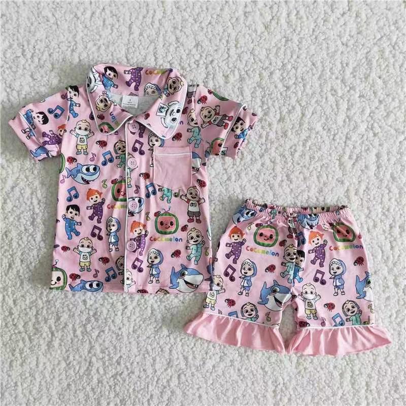 promotion RTS B4-14 Pink Cartoon Collar Girls Short Sleeve Shorts Pajamas