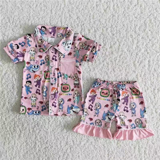 promotion RTS B4-14 Pink Cartoon Collar Girls Short Sleeve Shorts Pajamas