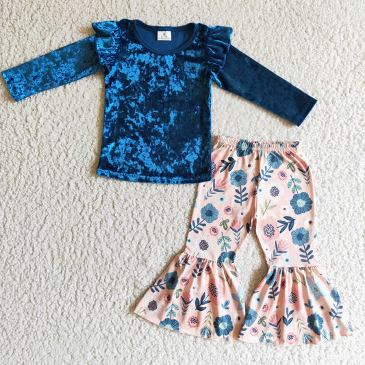 Promotion RTS GLP0220 Blue Pink Floral Velvet Girls Long Sleeve Bell Bottom Pants Outfits