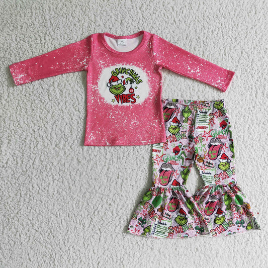 Promotion RTS GLP0283 Christmas Pink Santa Red Green Cartoon Girls Long Sleeve Bell Bottom Pants Outfits