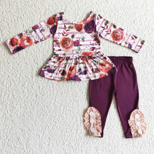 promotion RTS 6 B6-3 Purple Floral Print Winter Tunic Girls Long Sleeve Pants Outfits