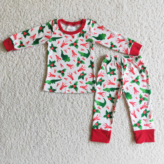 Promotion RTS 6 C9-19 Christmas Red Green Cartoon Dinosaur Crab Boys Long Sleeve Pajamas Outfits