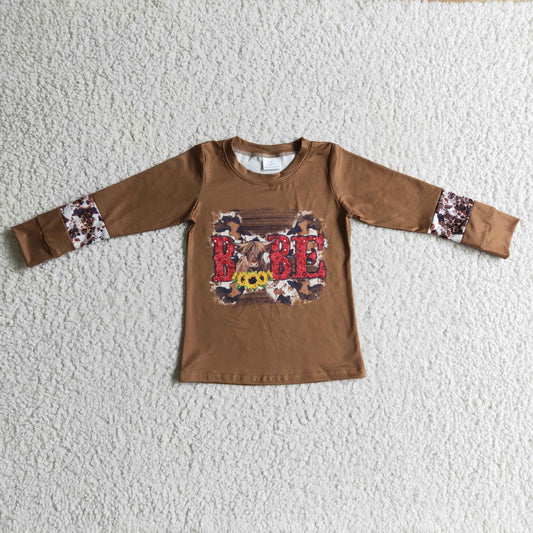 GT0066 Brown Babe Highland Cow Sunflower Western Boys Long Sleeve Top T-shirts