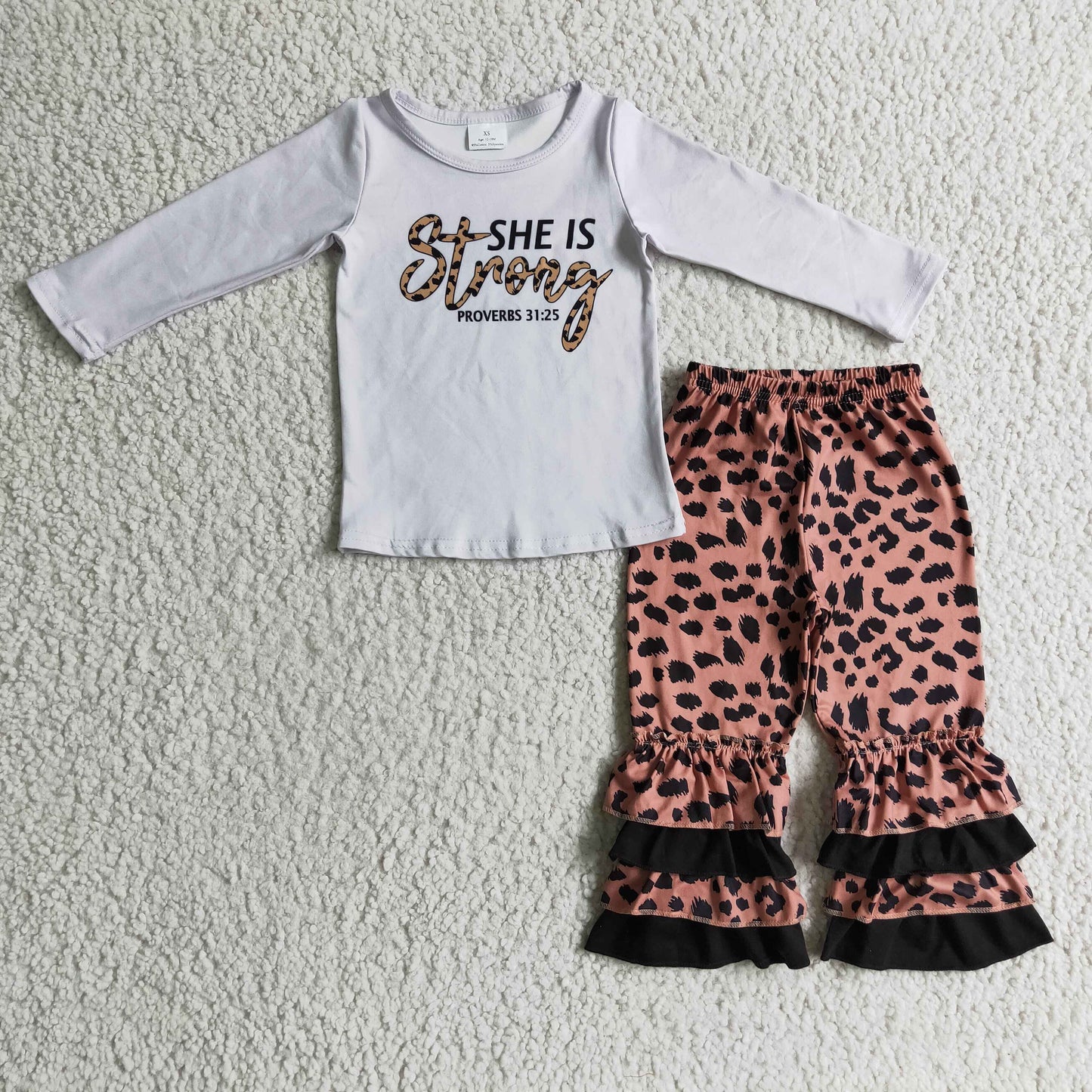 promotion RTS GLP0335 She Is Strong Grey Leopard Ruffles Girls Long Sleeve Pants Outfits
