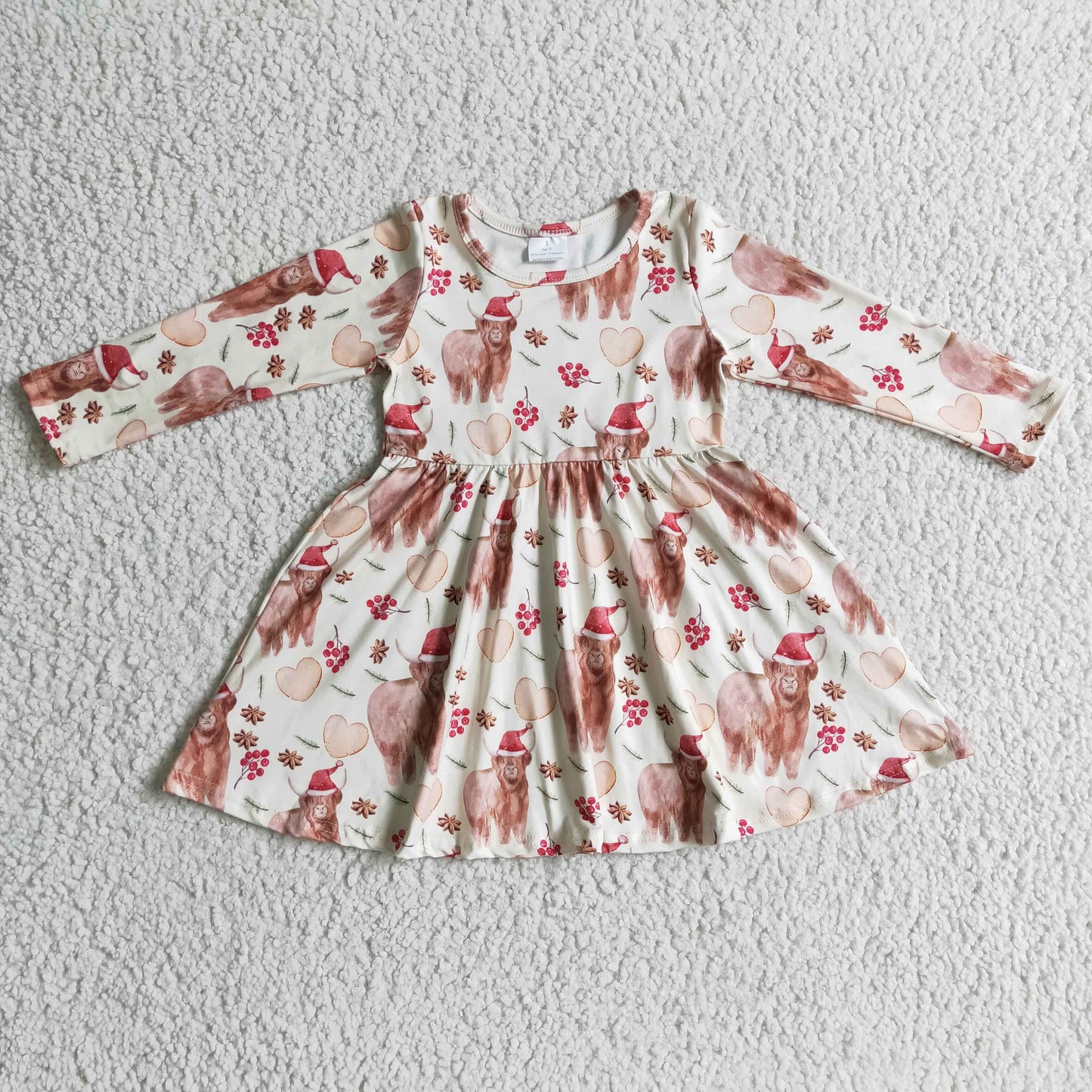 GLD0154 Christmas Santa Pink Highland Cow Floral Flower Girls Long Sleeve Dresses