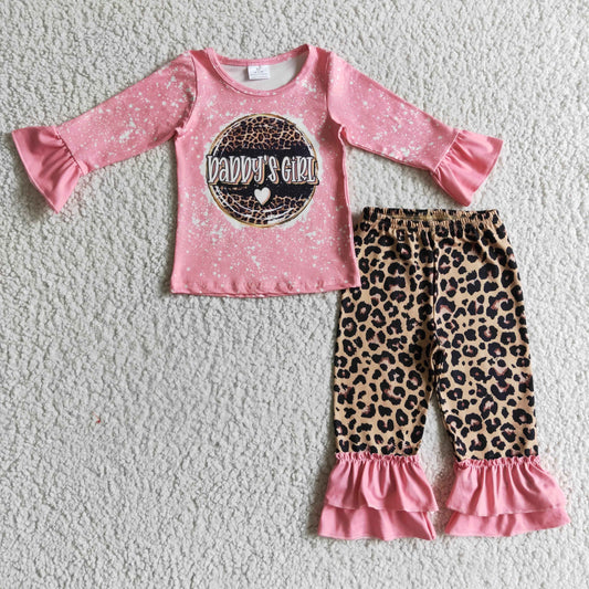 promotion RTS GLP0328 Daddy's Girl Love Pink Bleach Leopard Girls Long Sleeve Pants Outfits