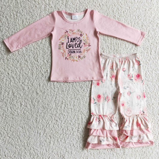 promotion RTS GLP0336 I Am Loved John Pink Floral Flower Ruffles Girls Long Sleeve Pants Outfits