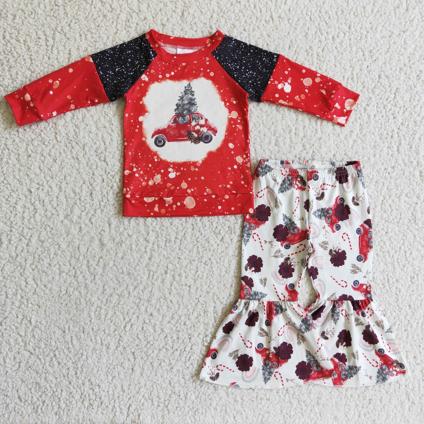 GLP0355 Christmas Red Bleach Tree Car Girls Long Sleeve Bell Bottom Pants Outfits
