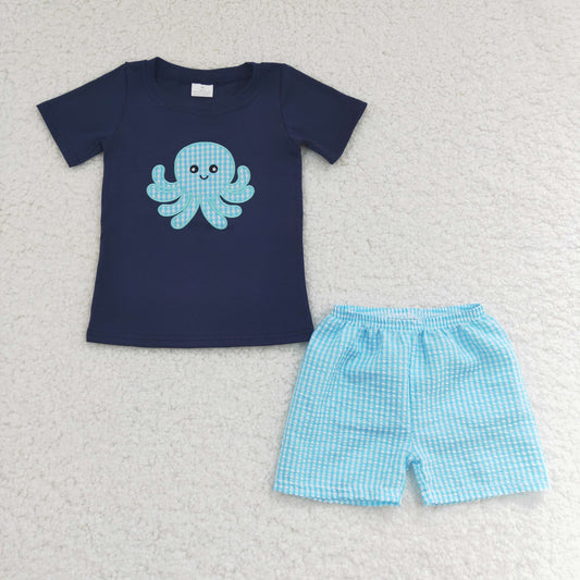 promotion RTS BSSO0088 Blue Plaid Octopus Sea Embroidery Boys Short Sleeve Shorts Outfits