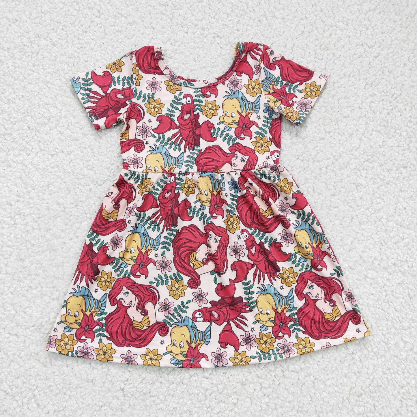 GSD0174 Blue Red Mermaid Princess Fish Crawfish Cray Cartoon Girls Short Sleeve Dresses
