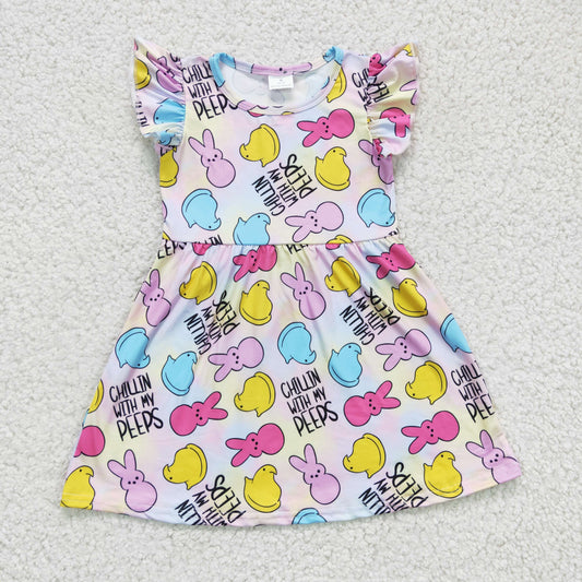 GSD0159 Easter Pink Blue Rabbit Chillin With My Peeps Girls Short Sleeve Dresses