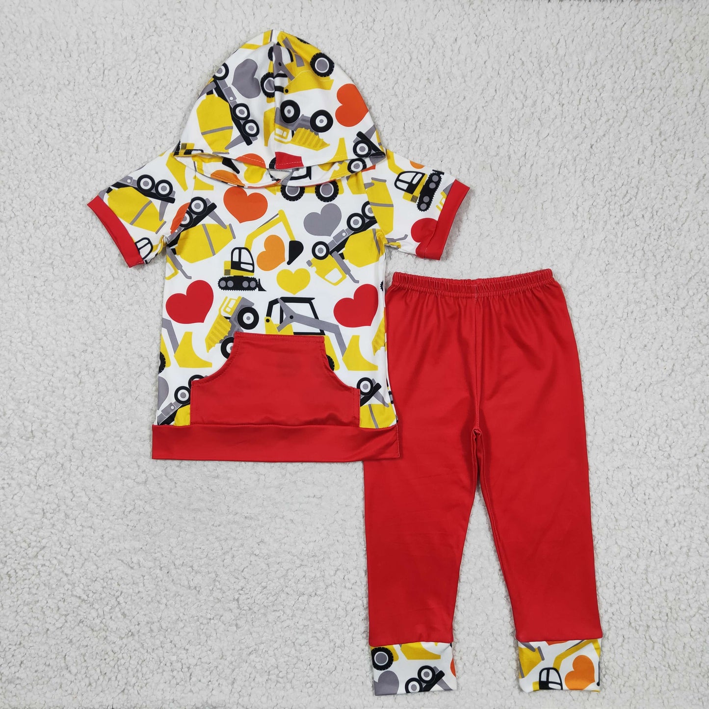 promotion RTS BSPO0050 Valentine Love Red Yellow Truck Troctor Pocket Boys Short Sleeve Pants Hoodies Outfits