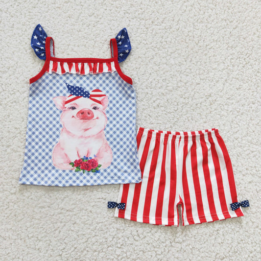 promotion RTS C4-11 4th Of July Pig Striped Print Girls Short Sleeve Shorts Outfits