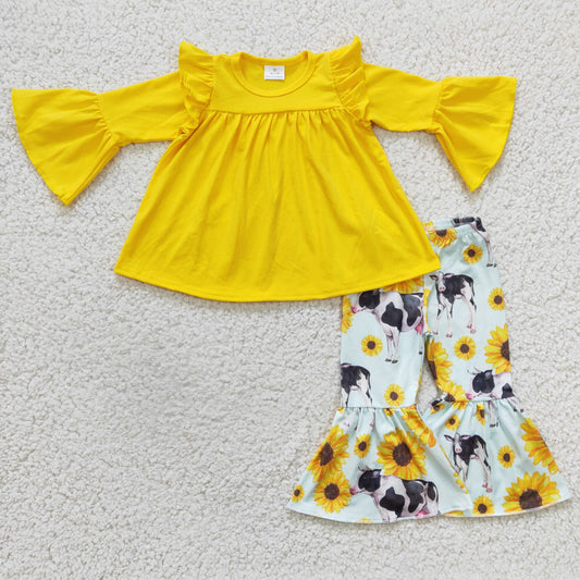 promotion RTS GLP0374 Yellow Sunflower Cow Girls Long Sleeve Bell Bottom Pants Outfits
