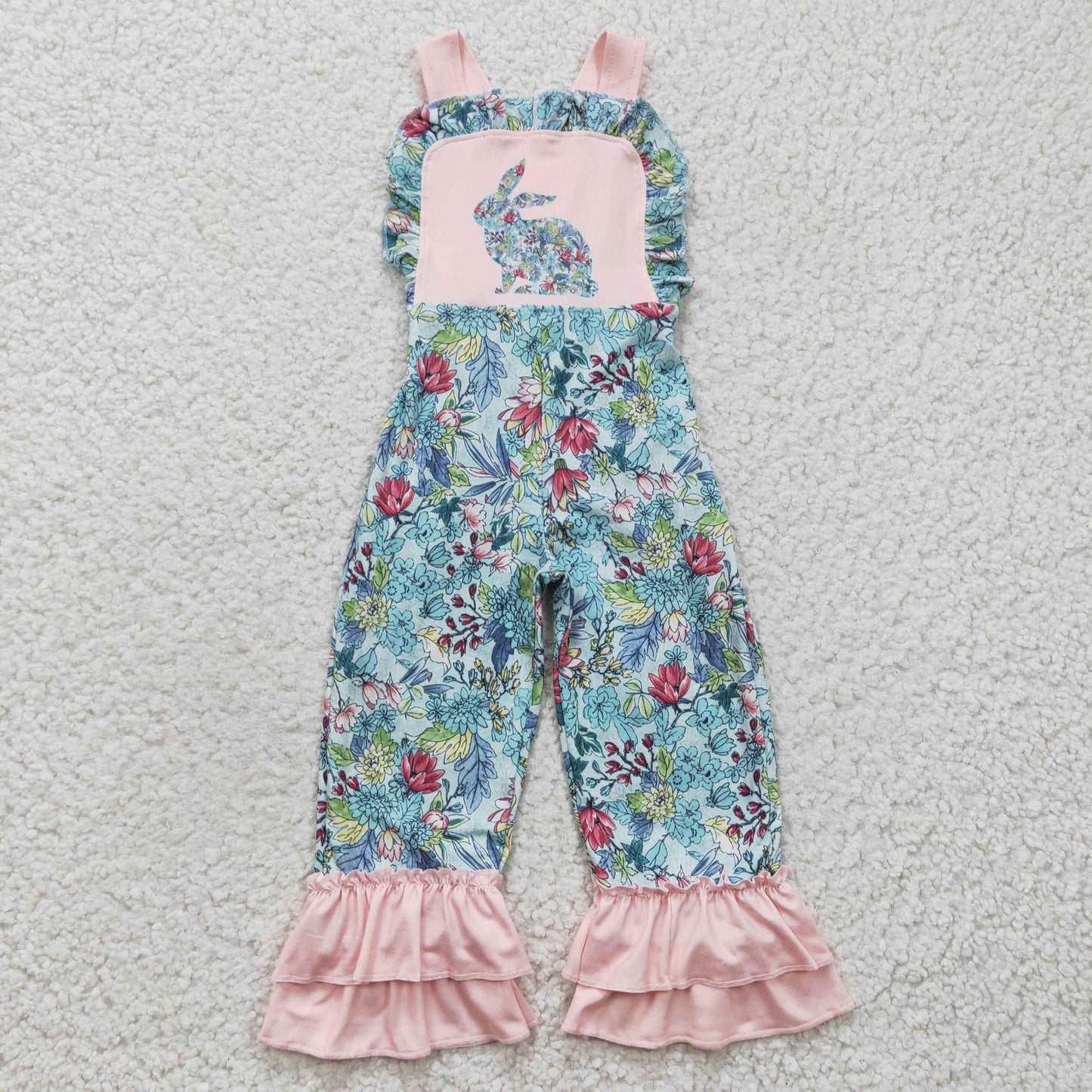 SR0164 Easter Green Pink Floral Rabbits Girls Sleeveless Jumpsuit Overall Pants