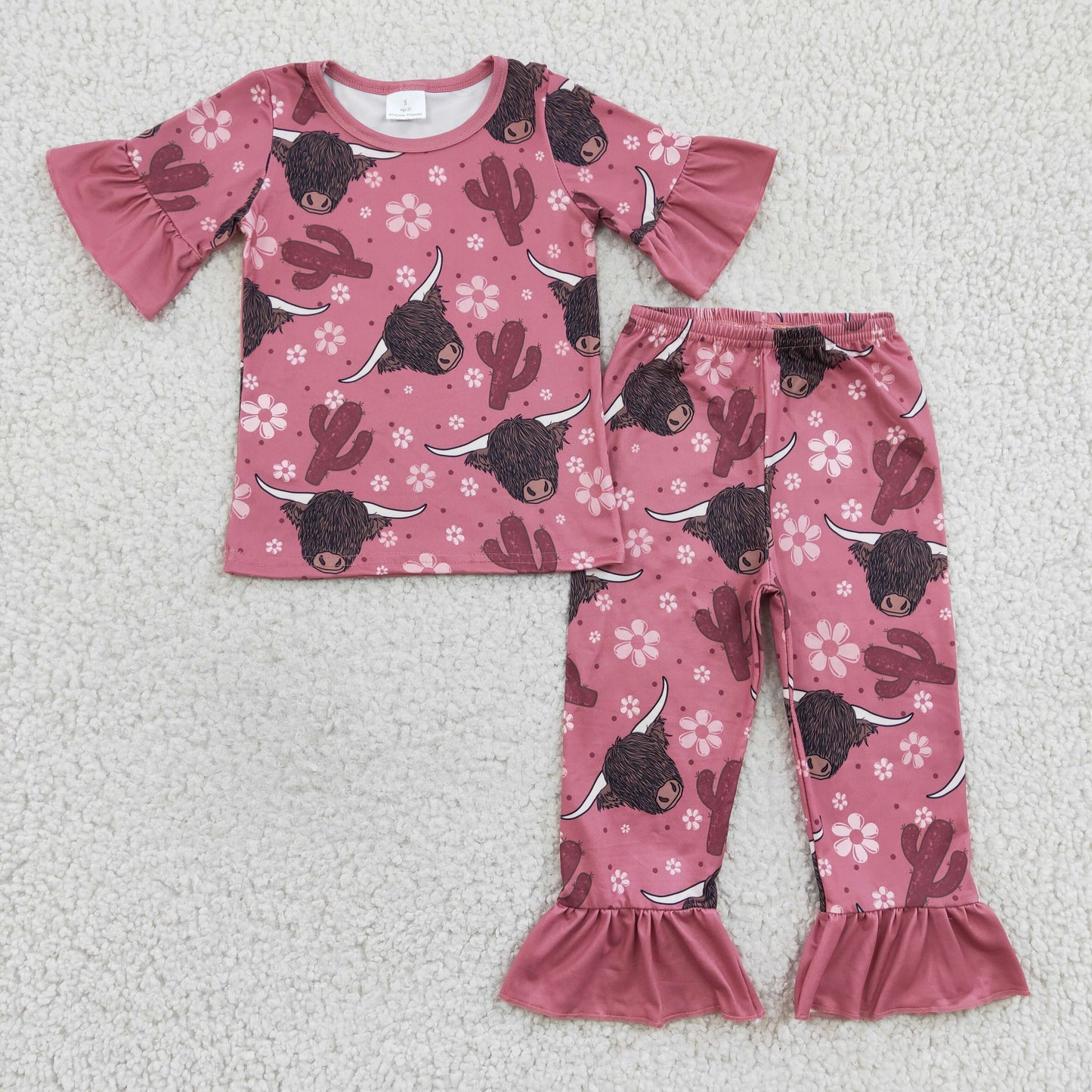 GSPO0326 Pink Highland Cow Cactus Floral Girls Short Sleeve Pants Outfits Pajamas