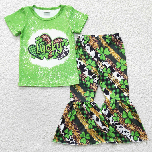 GSPO0356 St. Patrick Green Lucky Clover Love Leopard Girls Short Sleeve Bell Bottom Pants Outfits