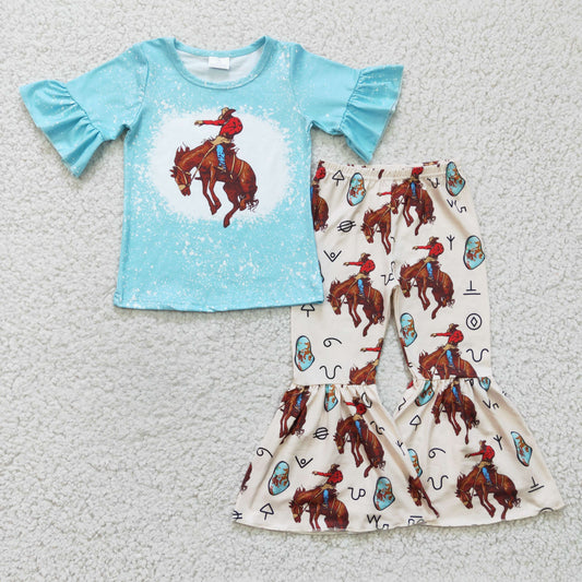 GSPO0336 Blue Bleach Rodeo Cowboy Girls Short Sleeve Bell Bottom Pants Outfits