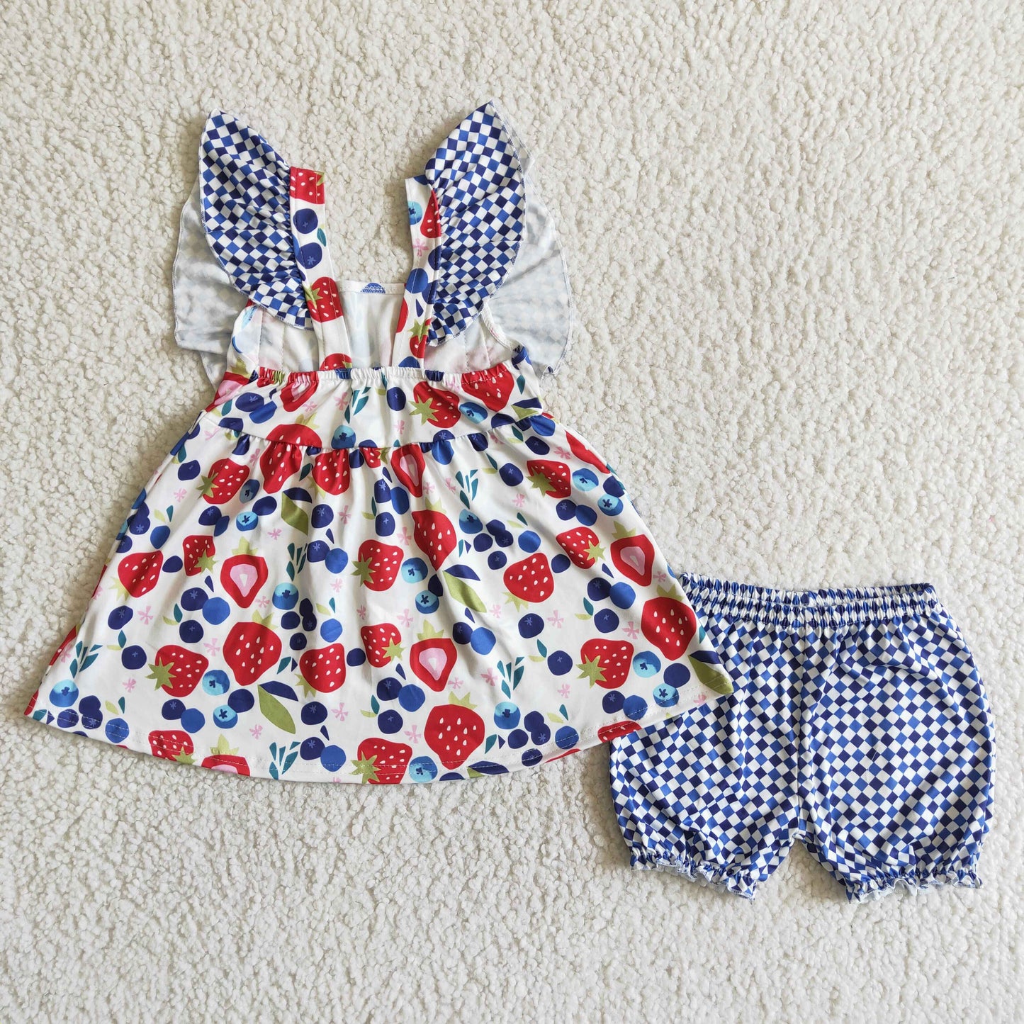promotion RTS C3-27 Fruits Strawberry & Grape Blue Plaid Red Girls Short Sleeve Shorts Outfits